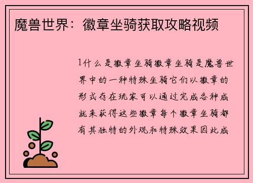 魔兽世界：徽章坐骑获取攻略视频